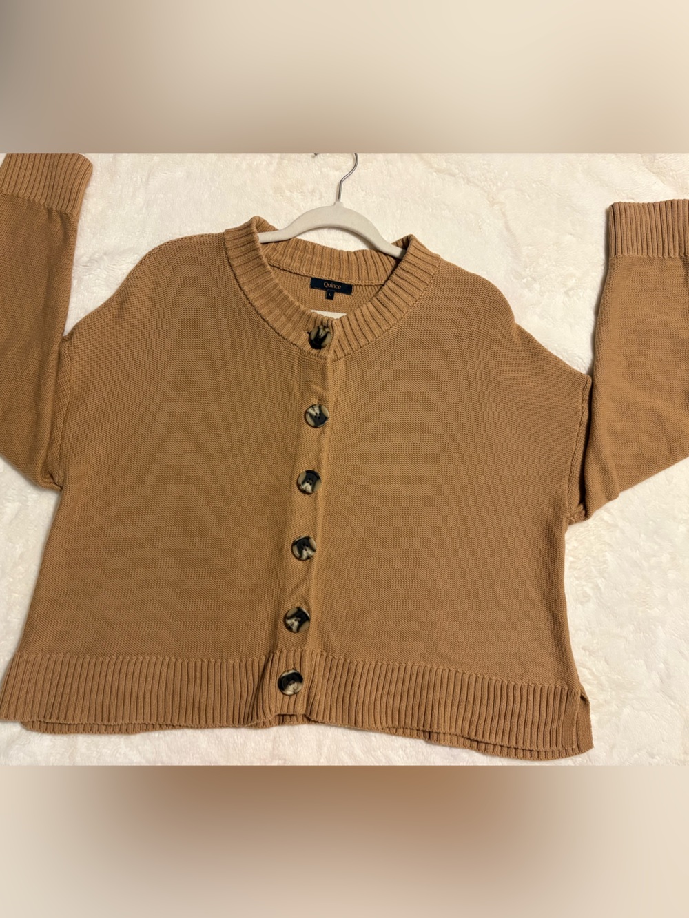 Quince Organic Cotton Cropped Cardigan Camel Large Quiet Luxury minimalist - Picture 7 of 12